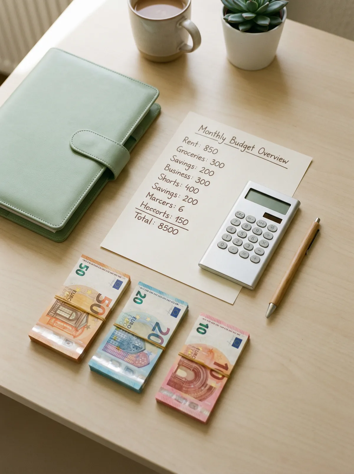 Cash Book в цвят мента до списък с месечен бюджет, калкулатор и евро банкноти