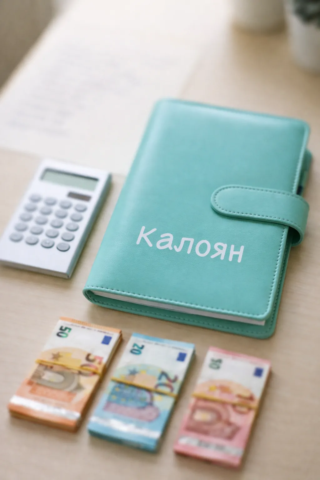 Cash Book в мента с името Калоян до калкулатор и пачки евро